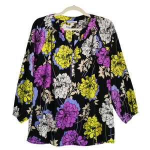 Dana Buchman Blouse Women XL Black Floral Smocked Popover Boho Feminine Romantic